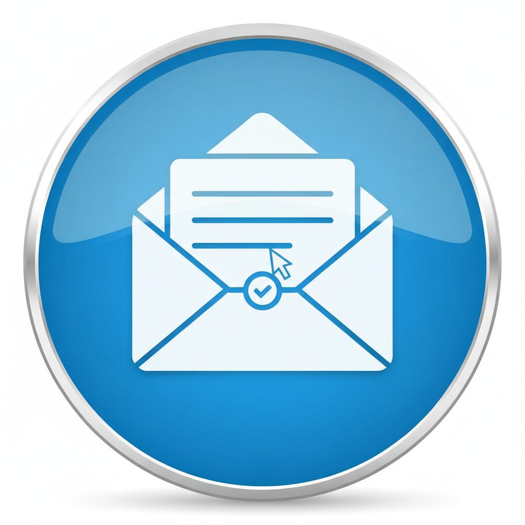 Un bouton rond bleu brillant représentant une enveloppe ouverte avec une lettre à l'intérieur.
