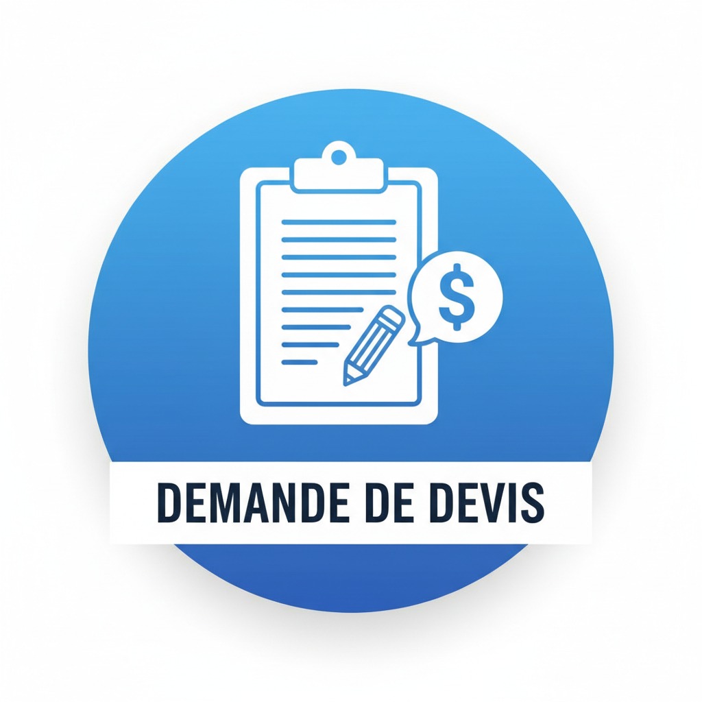 Un pictogramme bleu représentant un presse-papier avec des lignes de texte, un crayon et une bulle contenant un symbole de dollar, accompagné du texte "DEMANDE DE DEVIS".